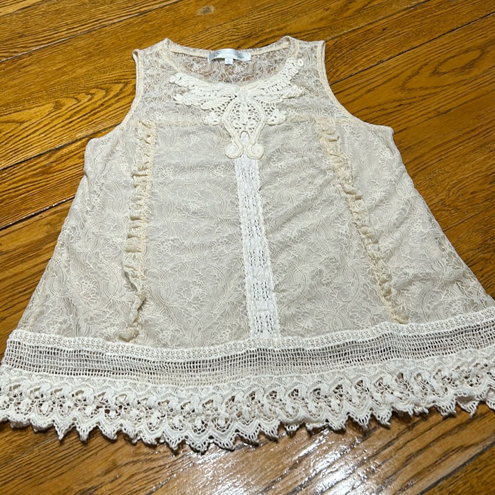 Banana USA lace sleeveless blouse. Ecru co.  Lined.  Size Large.